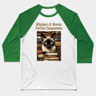 Whiskers & Words: Perfect Companions - Retro Siamese Cat Art Baseball T-Shirt